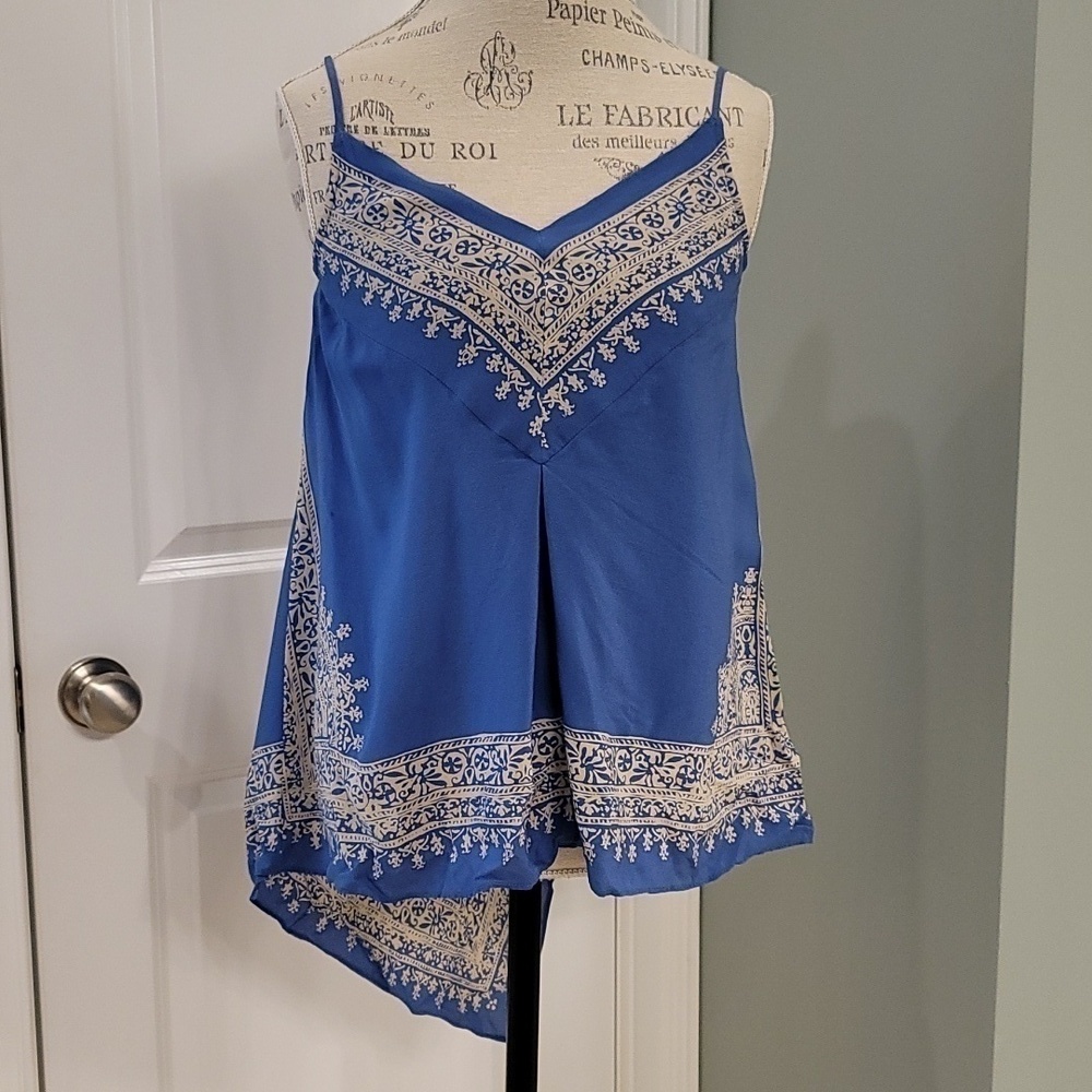 Anthropologie HD Paris Silk Blue & Cream Asymmetrical Handkerchief Top - Size 4 - Picture 4 of 9
